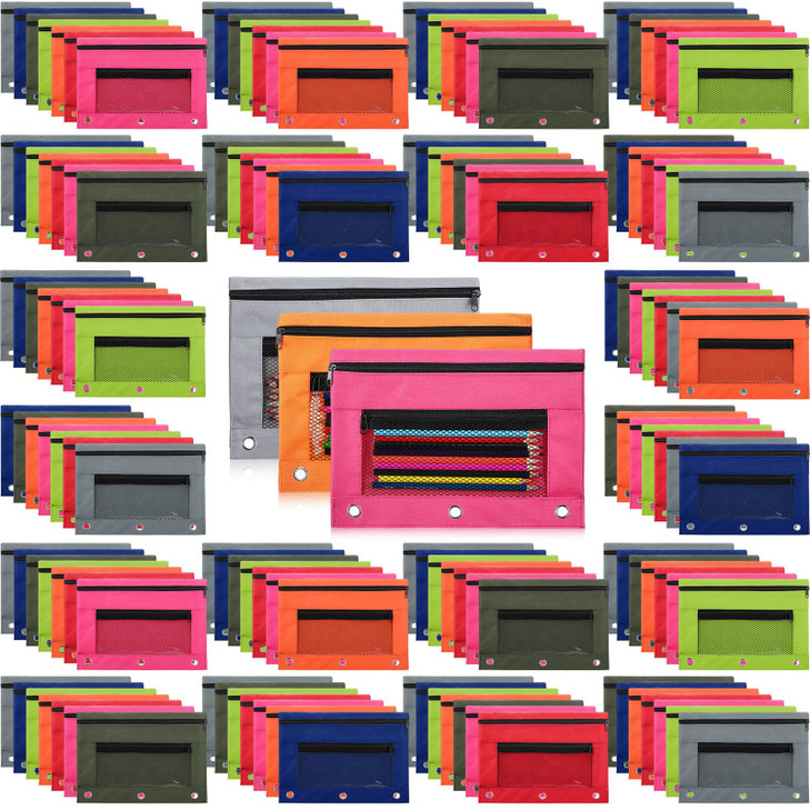 Tinlade 100 Pcs 3 Ring Binder Pencil Pouches Zipper Pouches Case with Mesh Window Ring Binder Pencil Bags Case for Chris