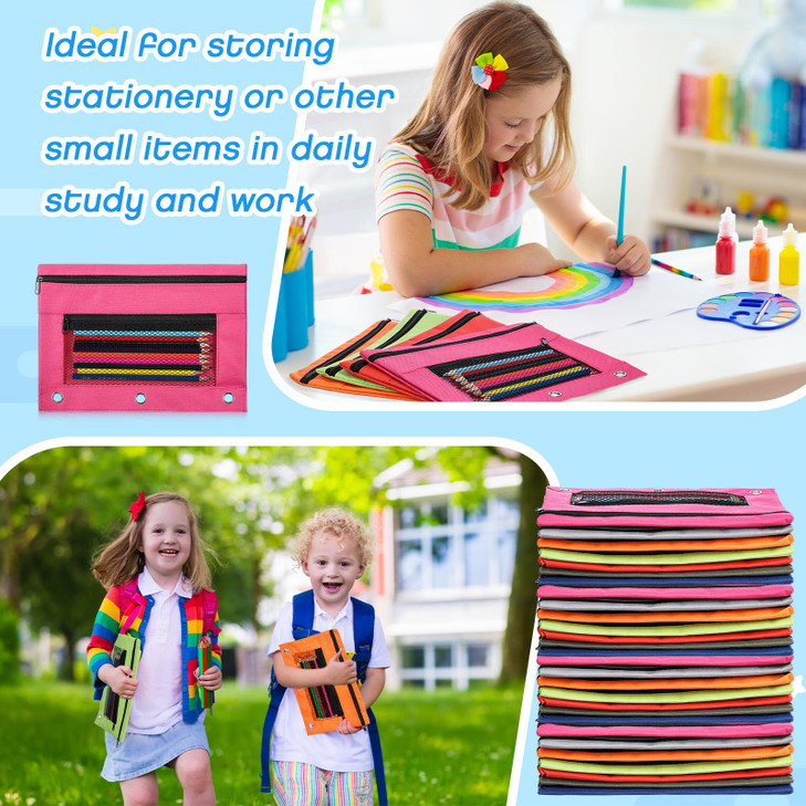 Tinlade 100 Pcs 3 Ring Binder Pencil Pouches Zipper Pouches Case with Mesh Window Ring Binder Pencil Bags Case for Chris