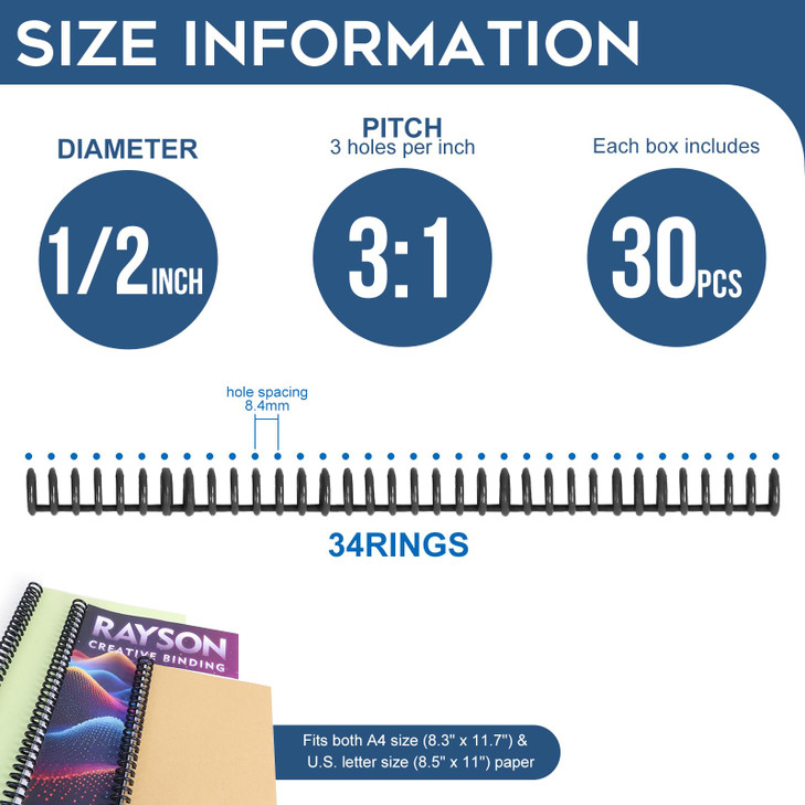 Rayson PROC1230BK Click Binding Spines 31 Pitch 12 Diameter 90 Sheets Binding Capacity Black 30Box