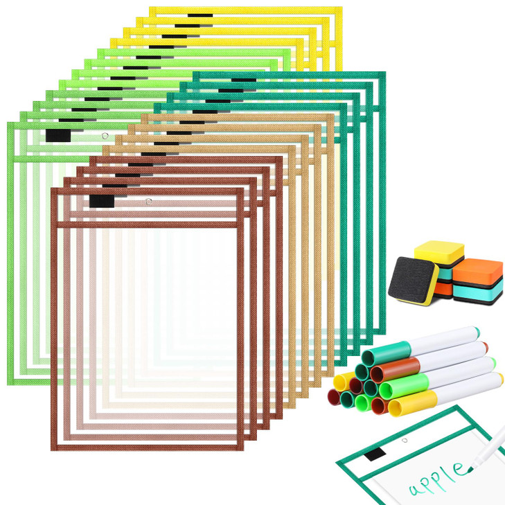 Watersay 24 Pack Dry Erase Pocket Reusable Sleeves 10 x 14 Clear Plastic Sheet Protectors with Dry Erase Markers and Min