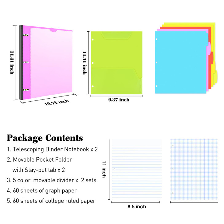INFUN Allinone Telescoping Binder Notebook 2PCS Refillable 3 Ring Notebook Binder with 1 Plastic Movable Pocket Folder5