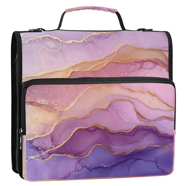 zyrtty 3 DRing Zipper Binder Bag Purple Pink Gold Marble Ombre Pattern Removable Binder with Zipper Case Hold 700 Sheets