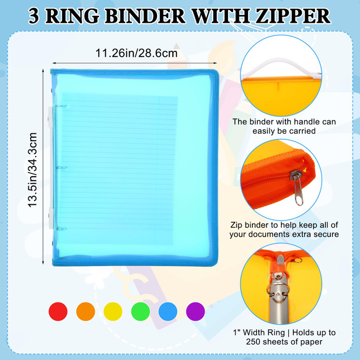 Fulmoon 6 Pack Plastic Zipper Binder 1 Inch 3 Ring Binder with 2 Interior Pockets 1 Plastic Movable Pencil Pouch Expandi