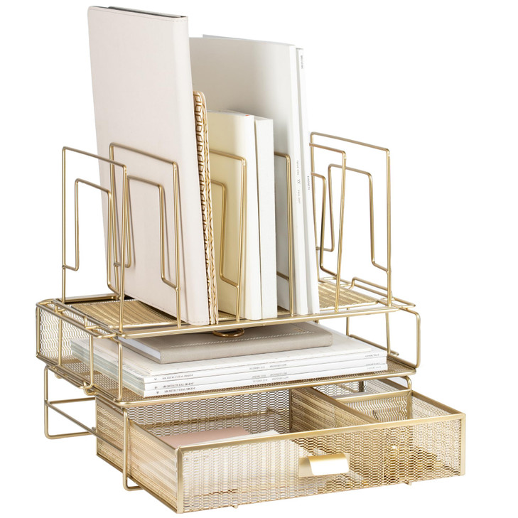 BLU MONACO Gold Desk Organizer Set with Detachable File Organizer Stackable Paper Tray Storage Drawer Stylish Gold Desk