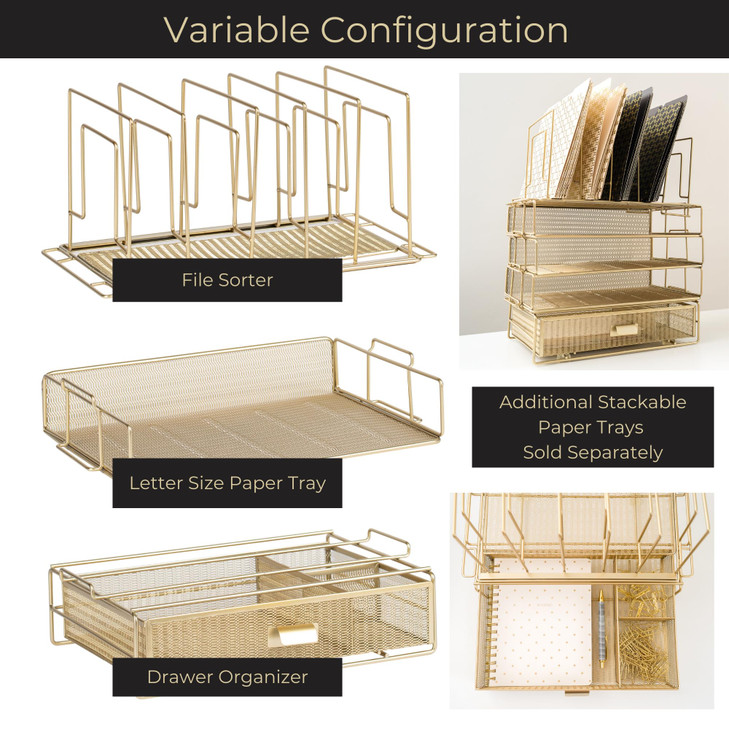 BLU MONACO Gold Desk Organizer Set with Detachable File Organizer Stackable Paper Tray Storage Drawer Stylish Gold Desk