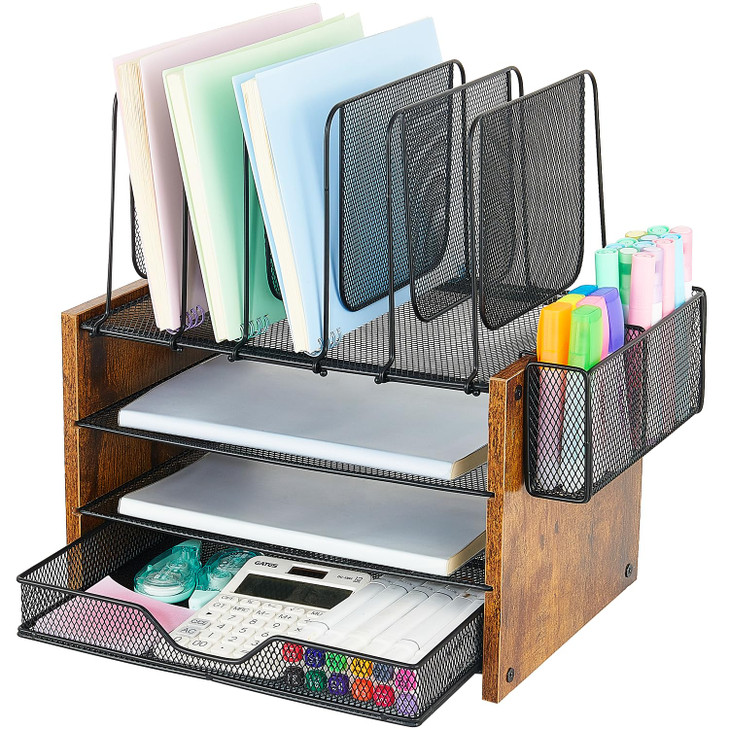 OPNICE Desk Organizer 4Tier Desktop File Organizer with Drawer and 2 Pen Holders Office Desk Accessories Workspace Organ