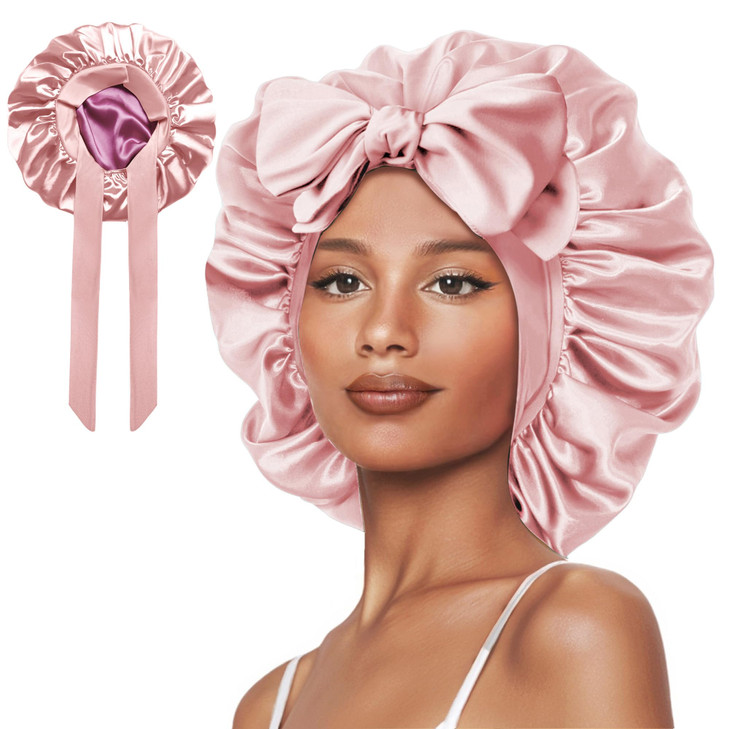 Vettres Silk Bonnet for Sleeping Straight Hair Double Layer Satin Bonnets with Tie Satin Hair Bonnet for Sleeping Pink Rose