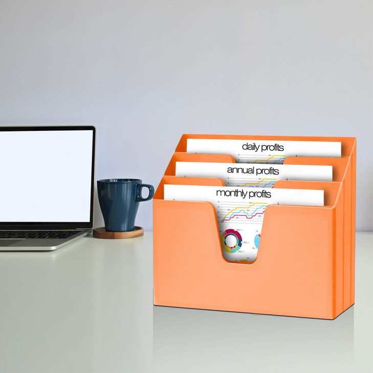 Acrimet Horizontal Triple File Folder Holder Open Top Desktop Document Sorter for Letter Size Papers Folders Plastic Ora
