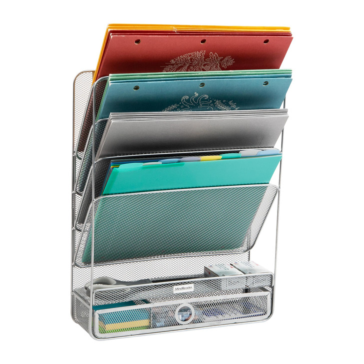 Mind Reader 4Tier Vertical File Storage Desktop Organizer Wall Mount Office Metal Mesh 125L x 4W x 165H Silver