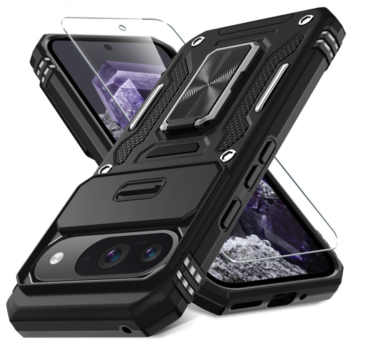 DEERLAMN Case for Google Pixel 9/9 Pro with Slide Camera Cover+Screen Protector(1 Pack), Rotated Ring Kickstand Military Grade Shockproof Protective