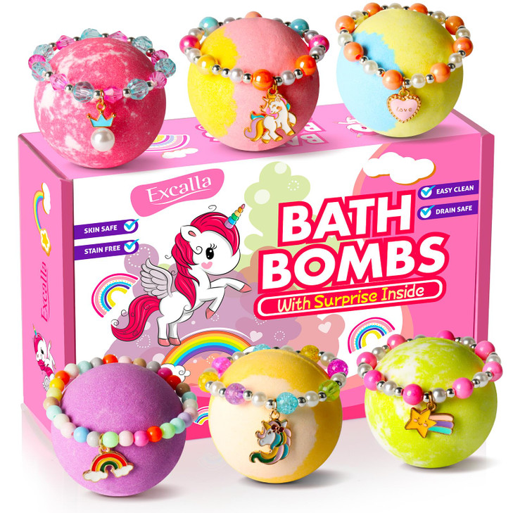Unicorn Bath Bombs with Surprise Inside for Kids Girls, 6 Kids Bath Bombs with Jewelry Inside, Natural Bubble Bath Set for Skin Moisturizing, Birthda