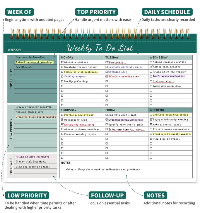 ALKALO 104 Pgs Weekly To Do List Notepad 52 DuplexPrinted Undated Sheets 100 GSM8511 Weekly Desk Planner For Work Home S
