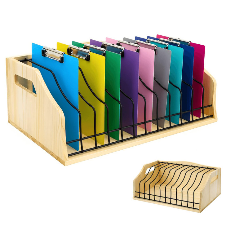 Youeon Large Vertical Clipboard Holder 12 Slots Wood and Metal Clipboard Storage Rack Desk File Organizer with Side Pane