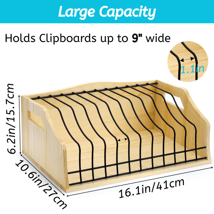 Youeon Large Vertical Clipboard Holder 12 Slots Wood and Metal Clipboard Storage Rack Desk File Organizer with Side Pane
