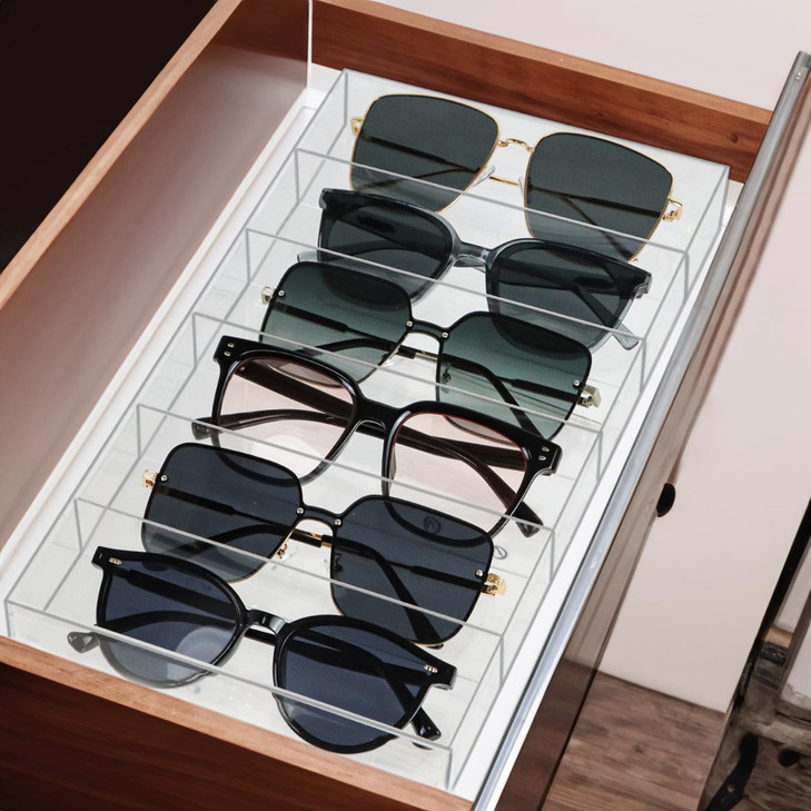 ZEXALOR Clear Drawer Organizer 6 Sections Eyeglass Sunglasses Organizer Holder Drawer Dividers Office Desk Tray Bathroom