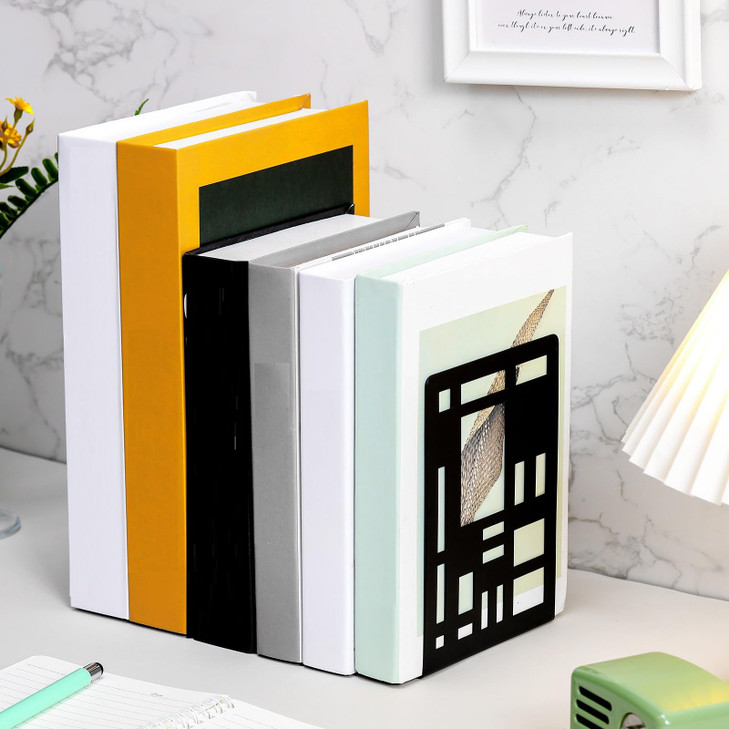 Zonon 6 Pcs Heavy Duty Bookends Decorative Black Metal Bookends for Shelves Book Divider Geometrical Holder Art Design B