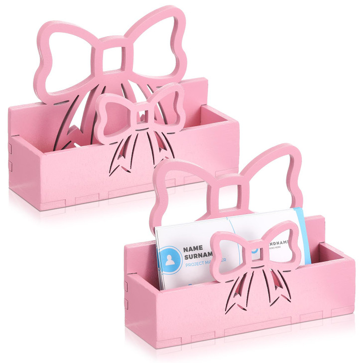 Weysat 2 Pcs Pink Bow Wooden Business Card Holders for Desk Coquettish Preppy Business Card Display Stands Postcard Orga