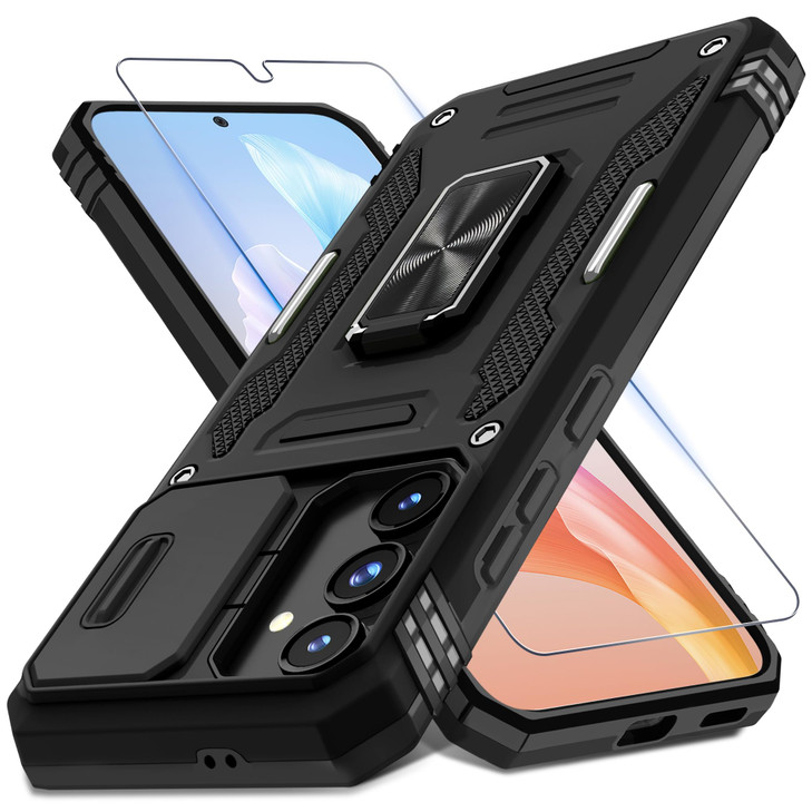 DEERLAMN Case for Samsung Galaxy S24 FE 6.7-Inch with Slide Camera Cover+Screen Protector(1 Pack), Rotated Ring Kickstand Military Grade Shockproof P