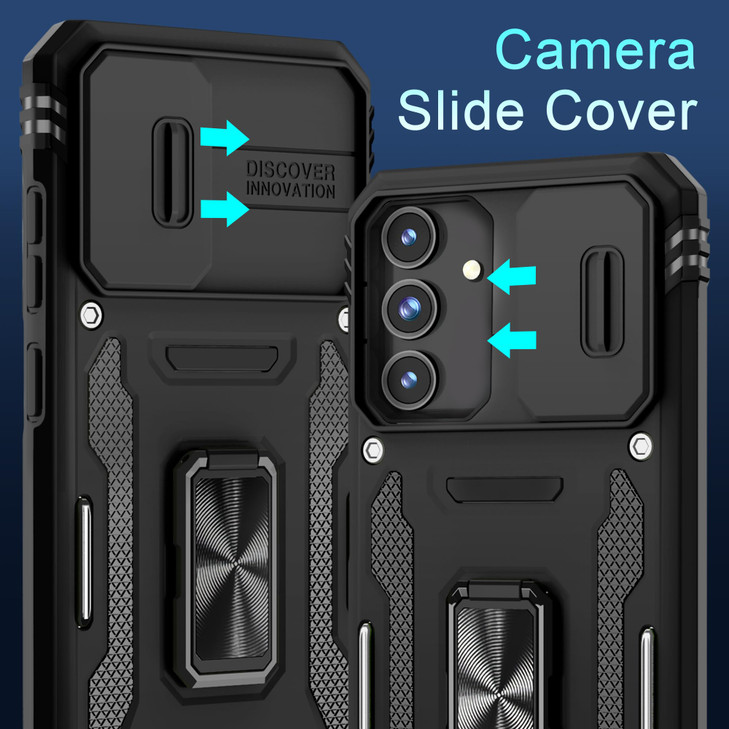DEERLAMN Case for Samsung Galaxy S24 FE 6.7-Inch with Slide Camera Cover+Screen Protector(1 Pack), Rotated Ring Kickstand Military Grade Shockproof P