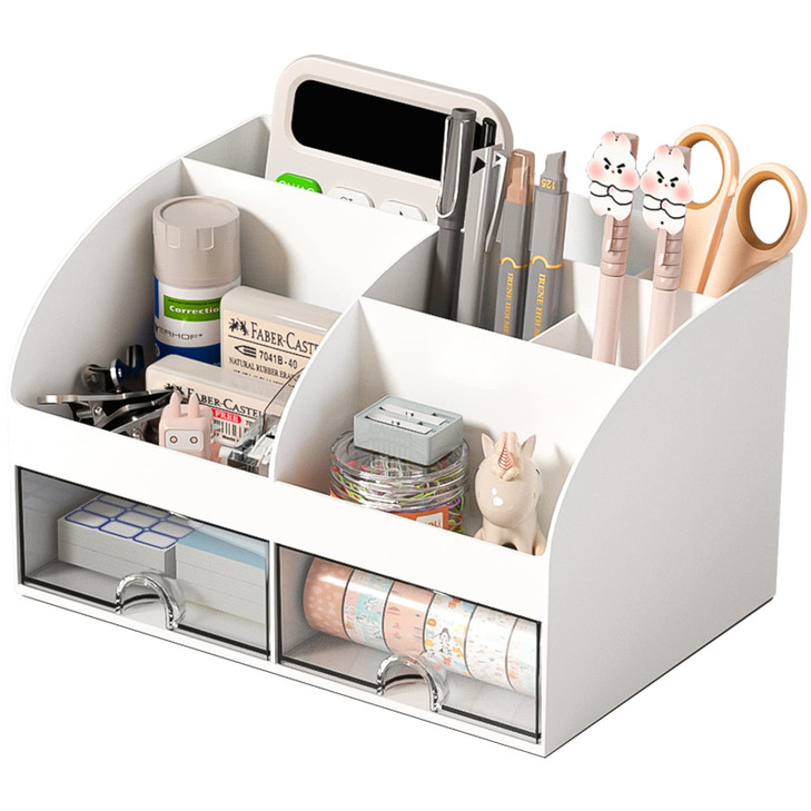 COMFYROOM Desk Organizer with 6 Compartments and 2 Drawers Plastic Makeup Organizer Pen Holder for Desktop Storage Desk