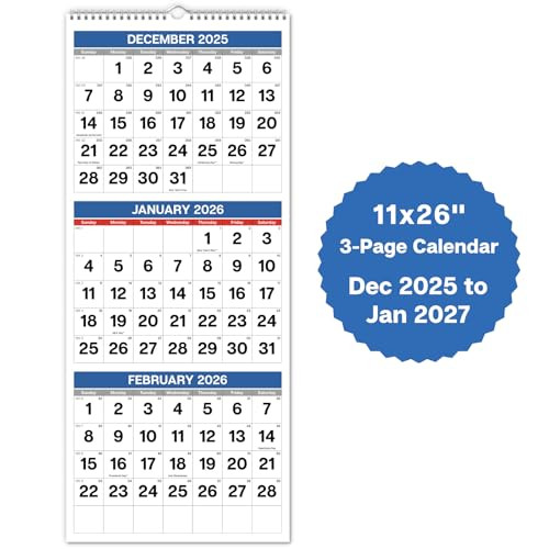 Dunwell 3Month Wall Calendar 2026 Blue Large Monthly Hanging Calendar with Big Grid Numbers Easy to Read Large Print Use