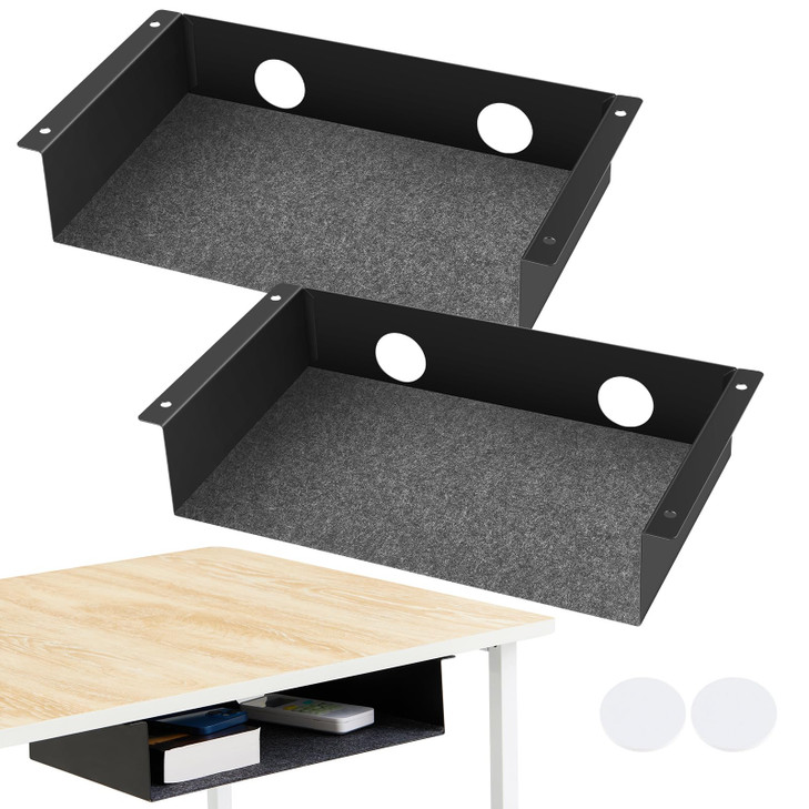 Yaocom 2 Pack Under Desk Hanging Shelf Carbon Steel Storage Tray with Mute Felt Sheets Mount Shelves Organizer for Offic