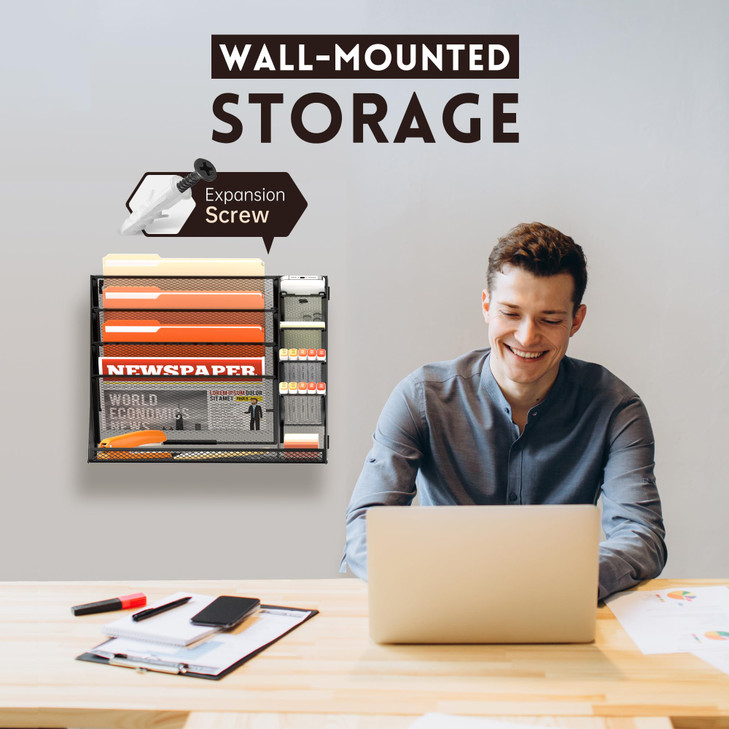 SUPEASY Wall File Organizer 5Tier office wall organizer with 4 Pen Holders Wall Organizer for Office with Rshaped Bottom