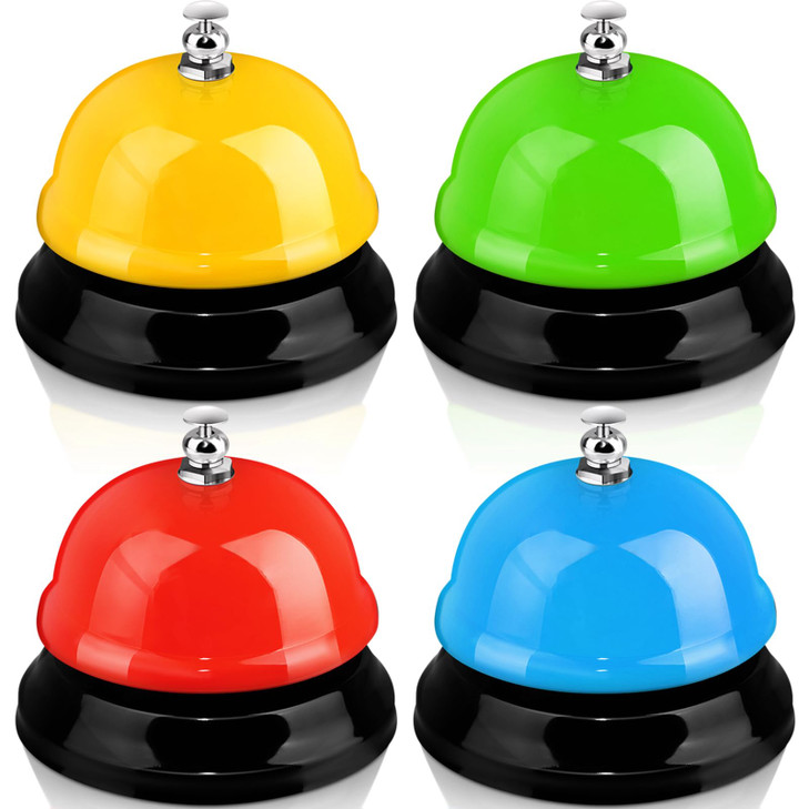 Hicarer 4 Pcs Desk Call Bell for Service 3 Inch Diameter Colorful Metal Game Bell Bulk for Adult Front Desk Hotel Restau