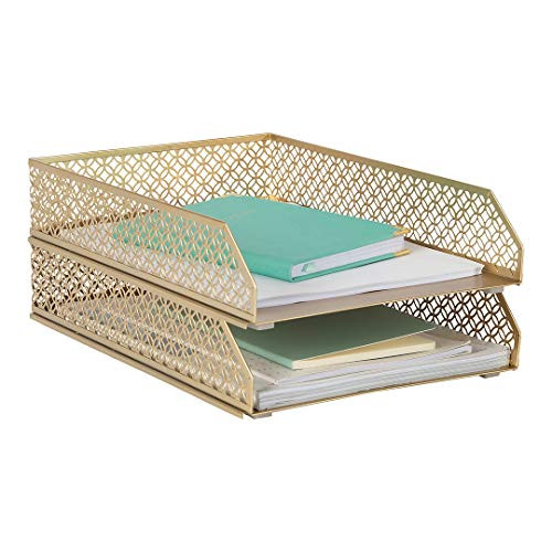 BLU MONACO Paper Tray Stackable Gold Set of 2 Stackable File Trays for Desk Organization Tiered Desk Organizer with Meta