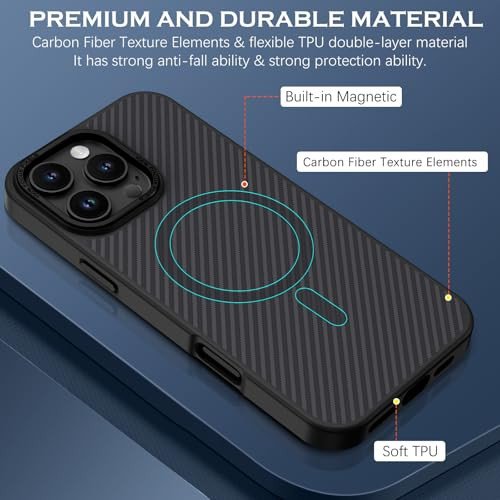 YINLAI Case for iPhone 16 Pro 6.3-Inch, iPhone 16 Pro Phone Case Magnetic [Compatible with Magsafe] Carbon Fiber Design Metal Lens Frame+Buttons Men