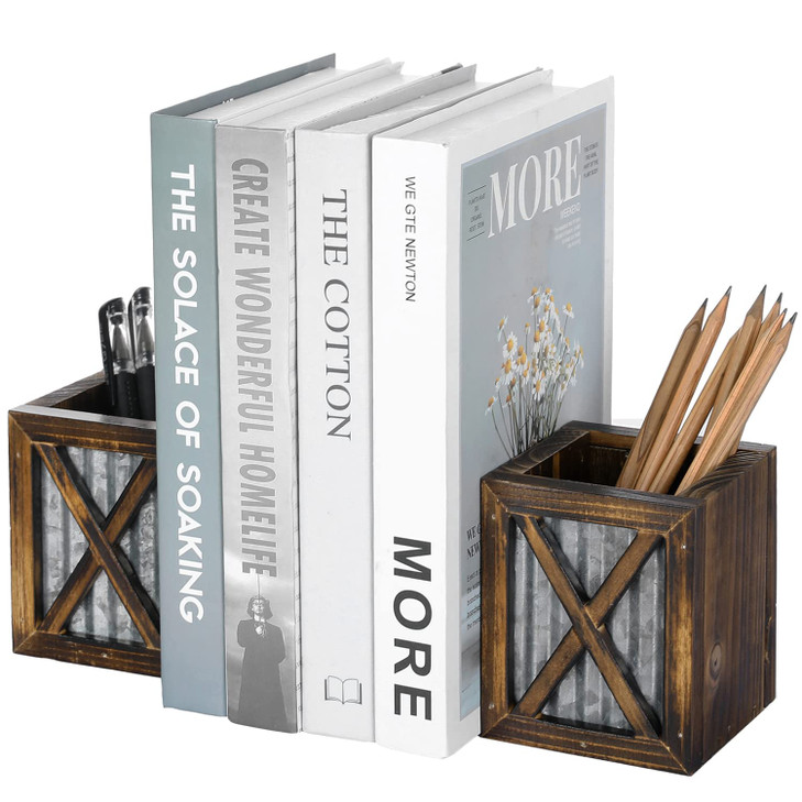MyGift Rustic Decorative Bookends Book Ends for Shelves with Pen Holder for Home Office Classroom Dorm Room Desk Burnt W