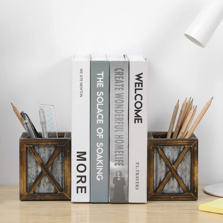 MyGift Rustic Decorative Bookends Book Ends for Shelves with Pen Holder for Home Office Classroom Dorm Room Desk Burnt W