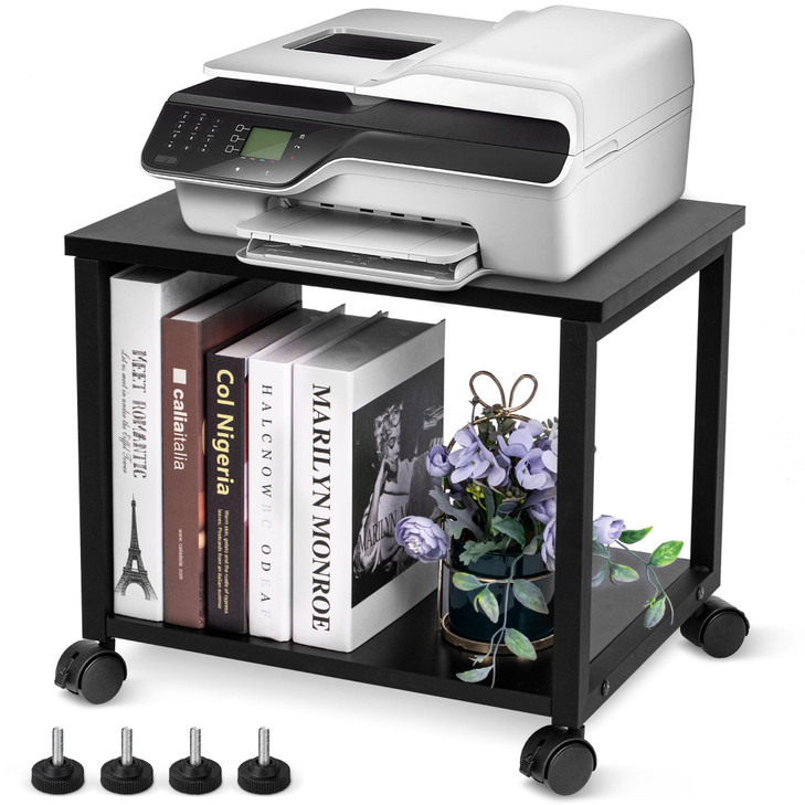 Cakokow Under Desk Printer Stand 2Tier Industrial Mobile Printer Table with Storage Shelf Heavy Duty Wood Rolling Printe