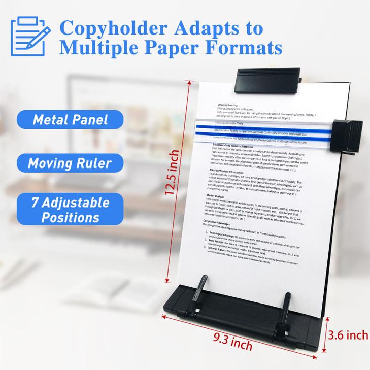 Document Holder Paper Stand for Desk When Typing Black Metal Panel with 7 Speed Adjustable Angle CopyholdersPaper Holder