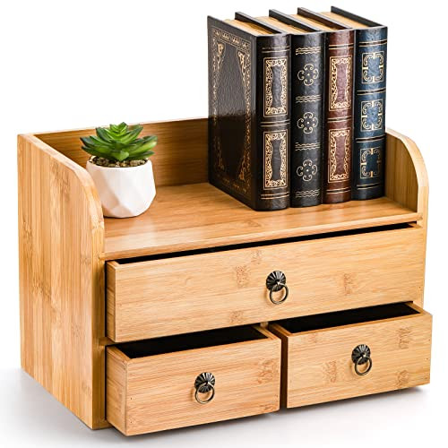 Nicunom Bamboo Desk Organizer 3Tier Bamboo Tabletop Storage Organization Multifunctional Desktop Organizer with Drawers
