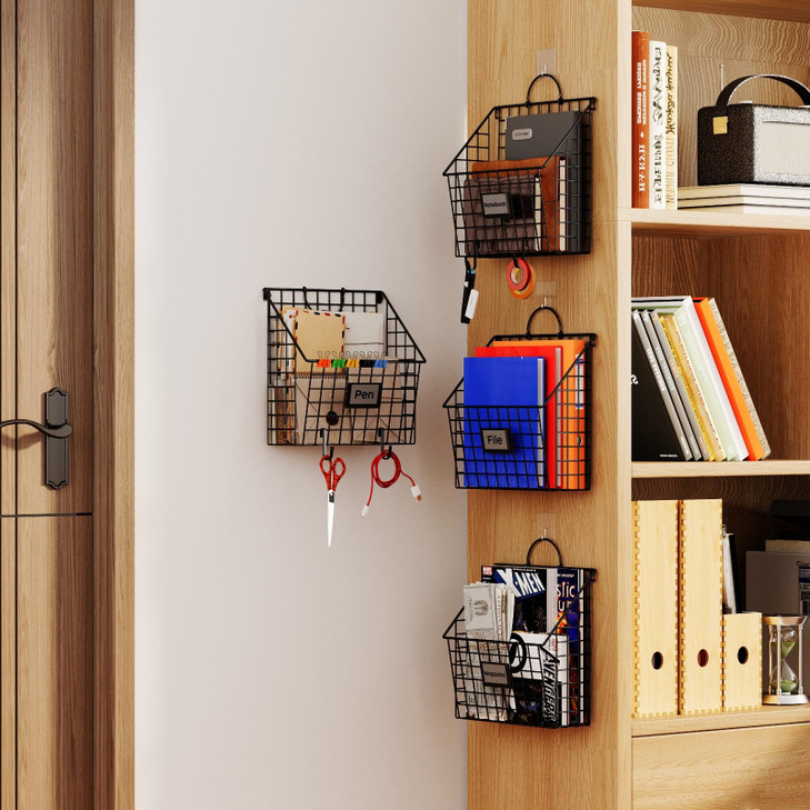 Yuzehuaza Hanging Wall File Holder Organizer Metal Wall Mount File Folders Holder Magazine Rack with Handles and Hooks f