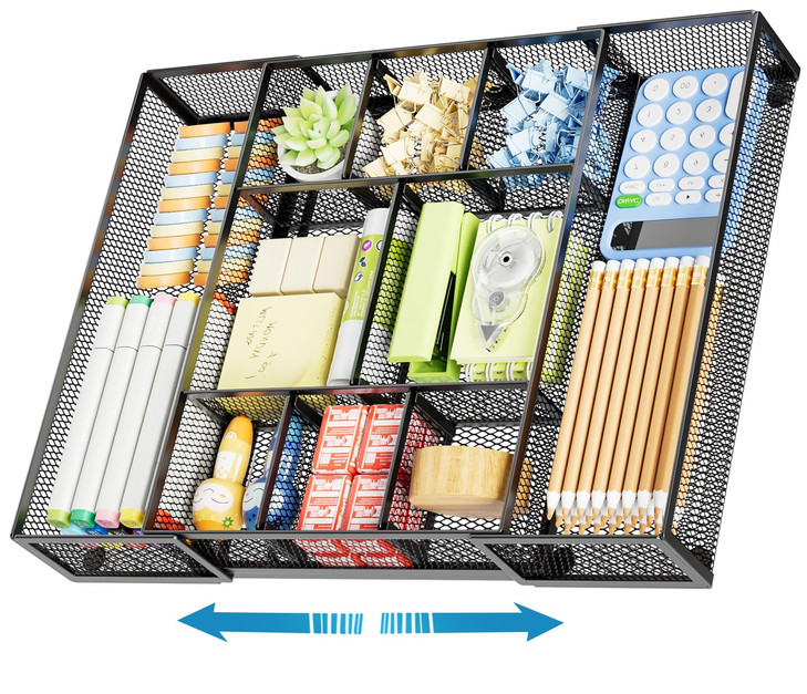 Marbrasse Expandable Desk Drawer Organizer Mesh Drawer Organizer Tray with 10 Adjustable Compartments Desk Organizers an
