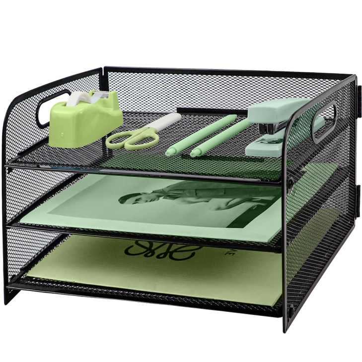 Paper Letter Tray with Handle 3 Tier Metal Mesh Desk File Organizer A4 Paper Desktop Filing Trays Desk Tidy Magazine Doc
