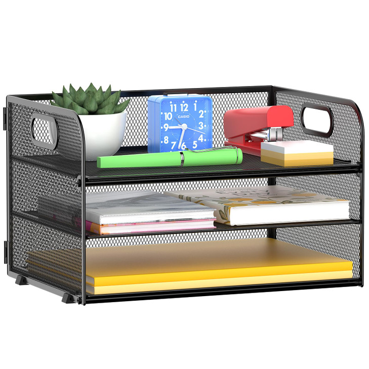 MINDEPOT 3 Tier Paper Organizer Tray with Handle Mesh Letter Tray for Office Home School 1 Pack Black