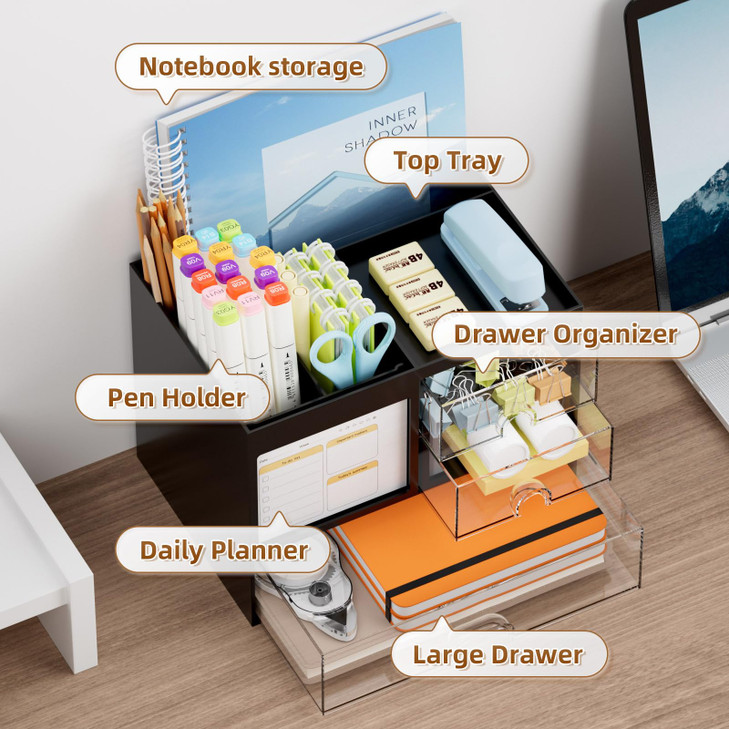 Marbrasse Desk Organizer with 3 Drawer MultiFunctional Pencil Pen Holder for Desk Desk Organizers and Accessories with 4