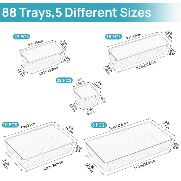 Vtopmart 88PCS Clear Plastic Drawer Organizers Set 5Size Versatile Bathroom Drawer Organizer Trays Storage Bins for Make