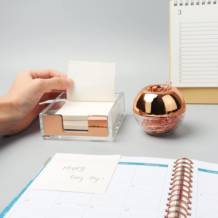 Rose Gold Magnetic Paper Clip Holder 3x3 Sticky Note Holder Set Clear Acrylic Post a Note Dispenser and Paperclip Holder