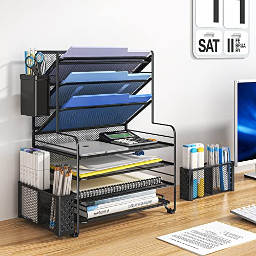 Simple Trending 7 Tier Desk File Organizer Letter Tray Paper Organizer with Pen Holder and Metal Hanging Basket Black