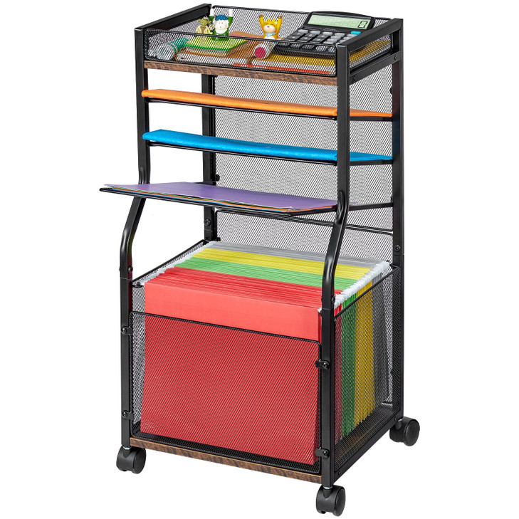 3IngSeagulls 5Tier Rolling File Cart with Hanging File Folders Mobile Desk File Organizer on Lockable Wheels Wood Mesh P