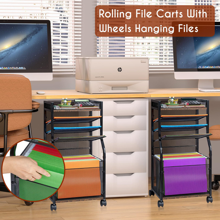 3IngSeagulls 5Tier Rolling File Cart with Hanging File Folders Mobile Desk File Organizer on Lockable Wheels Wood Mesh P