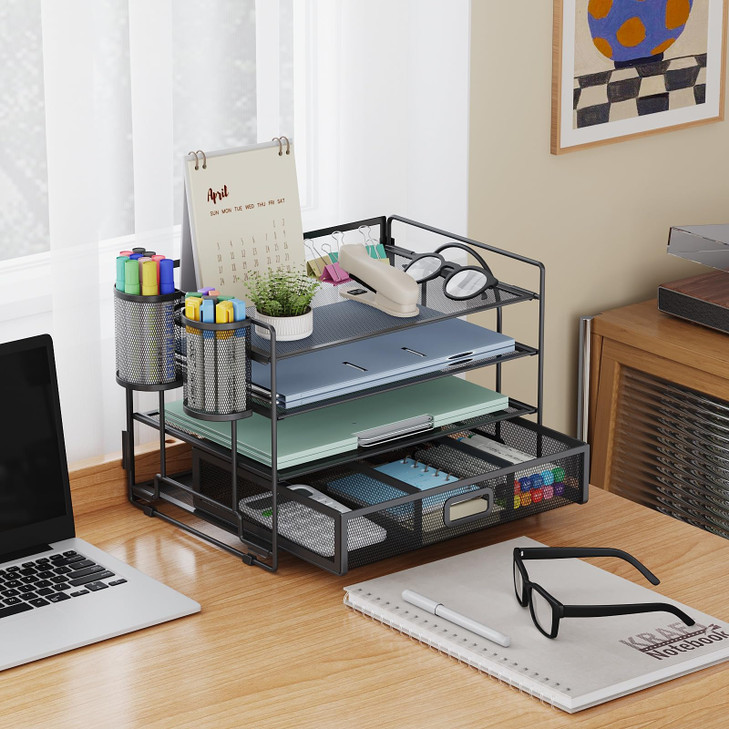 Marbrasse Desk Organizer and Accessories4Tier Paper File Letter Tray Accessories Workspace Desk Organizers with Drawer a