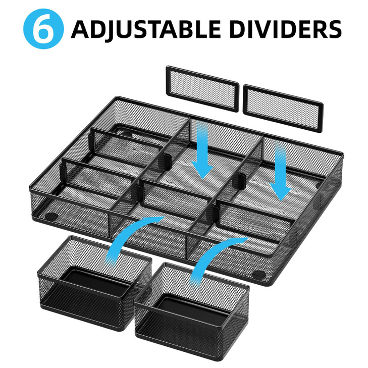 Marbrasse 3 Packs Desk Drawer Organizers Metal Mesh Dividers Desk Drawer Organizer Tray with 9 Adjustable Compartments P