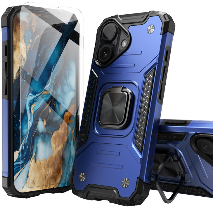 IDYStar for iPhone 16 Plus Case with Screen Protector Blue for Men,Hybrid Drop Test Cover with Car Mount Kickstand Slim Fit Protective Sturdy Case fo