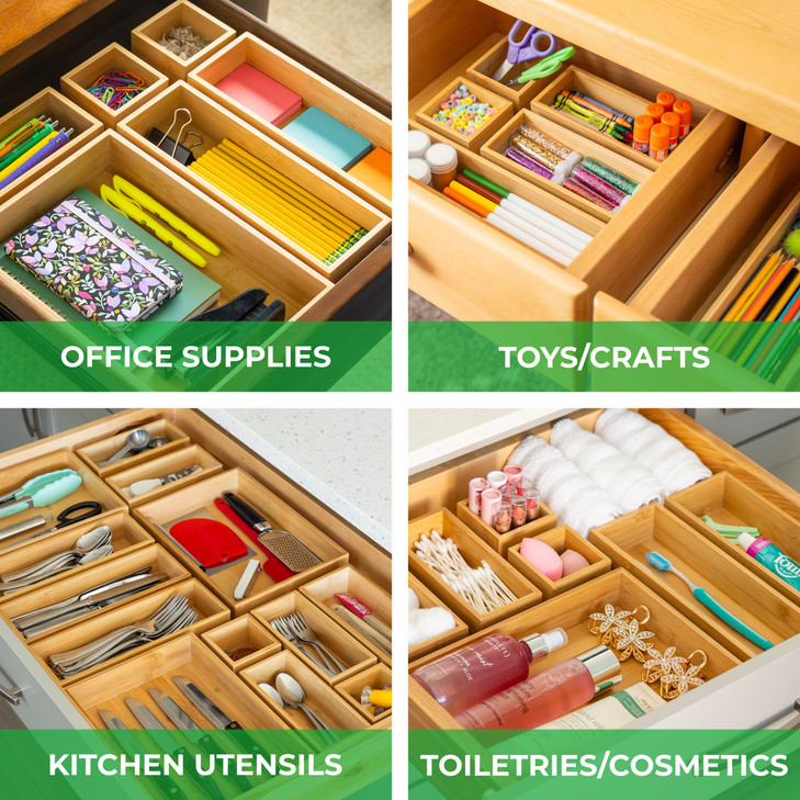 Grow Forward Bamboo Drawer Organizer Boxes Set of 14 Wooden Drawer Organizers for Kitchen Bathroom Office Desk Vanity Ma