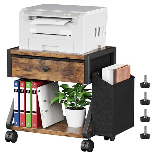 Homeiju Under Desk Printer Stand 2Tier Industrial Mobile Printer Table with Storage Bag and Drawer Rolling Printer Cart
